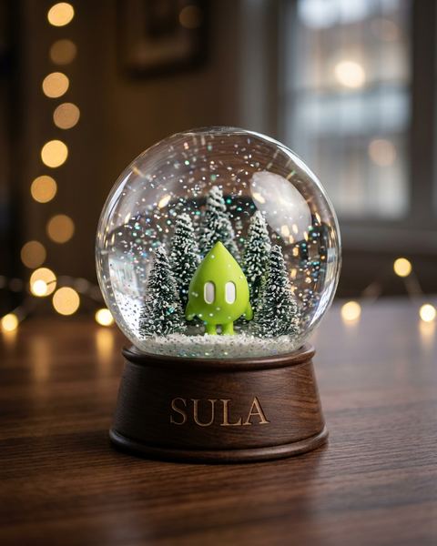 Sula mascot as snow globe
